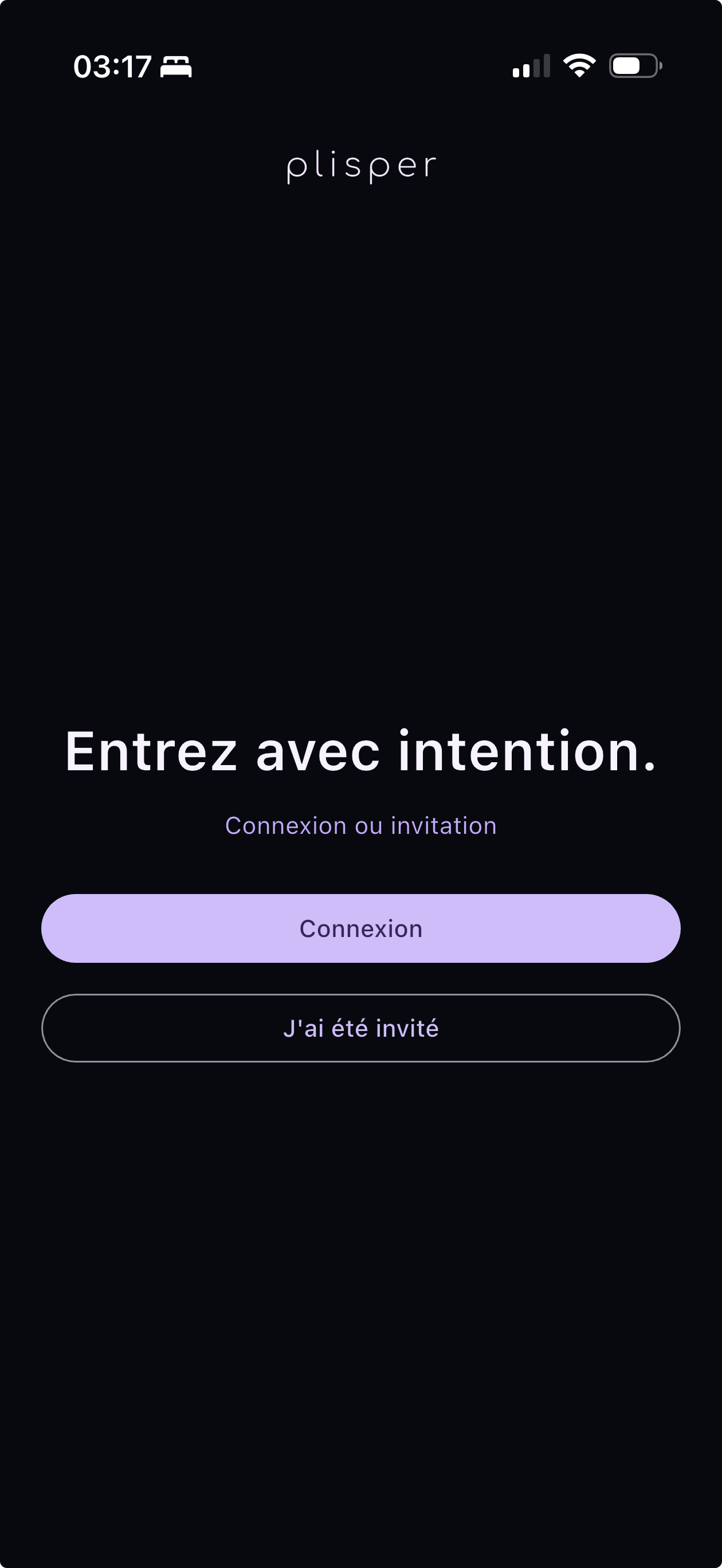 Écran d'entrée de l'application plisper